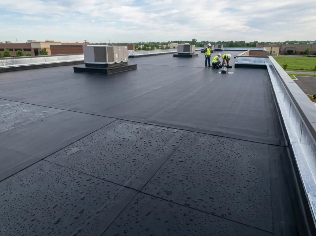 Commercial flat roof with rooftop HVAC equipment